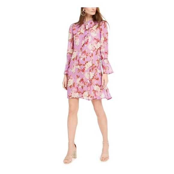MARELLA Dresses & Skirts - MARELLA Womens Purple Floral Long Sleeve Crew Neck Mini Shift Dress 14
